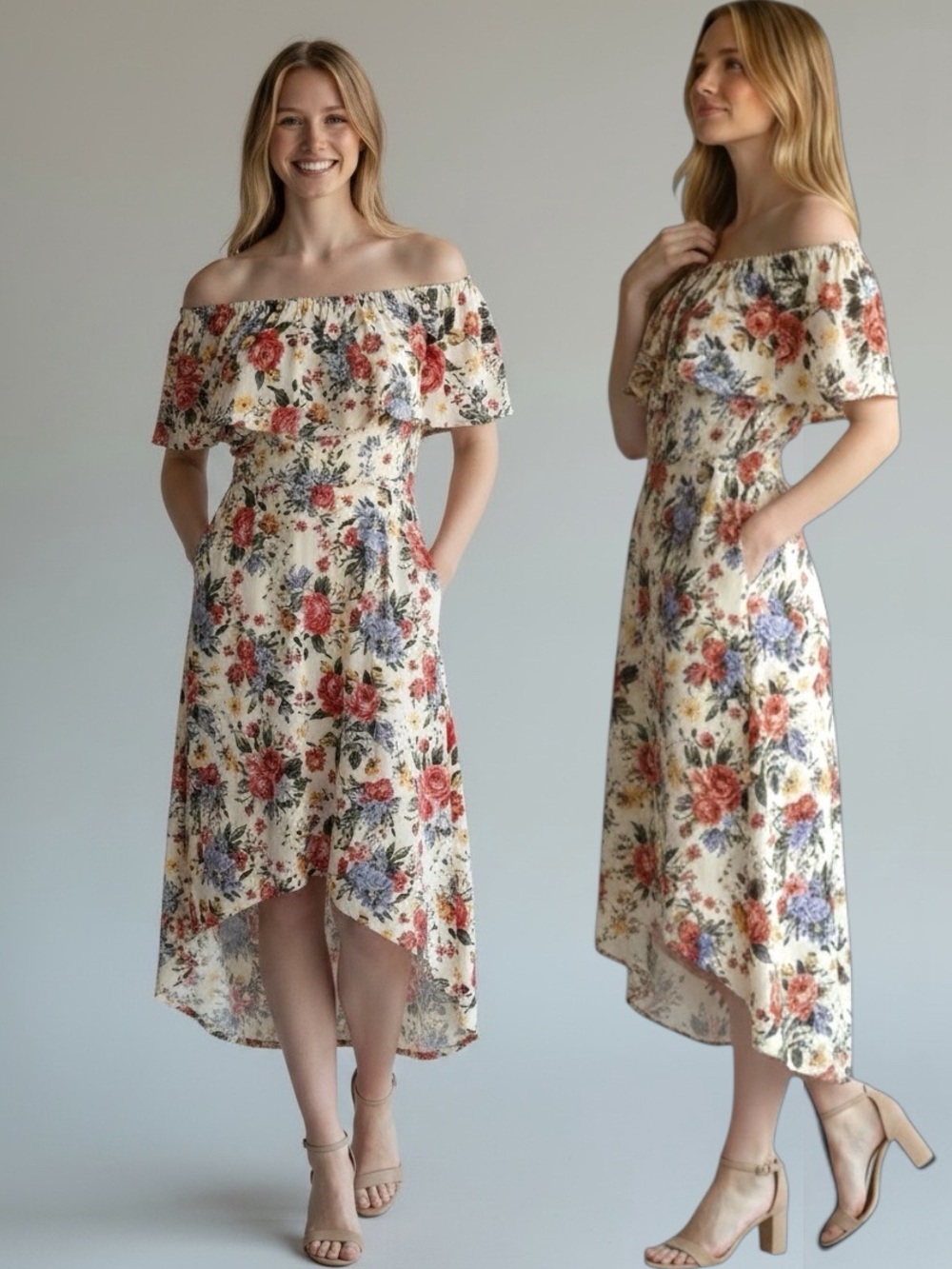 Hot Kiss White Floral Hi Lo Off Shoulder D…